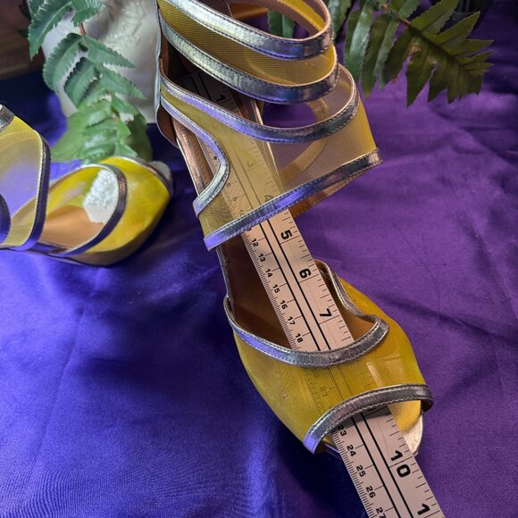 📌Scene Silver Yellow 4.5" High Heel Sandals with Ankle Straps and Zipper - Picture 11 of 15
